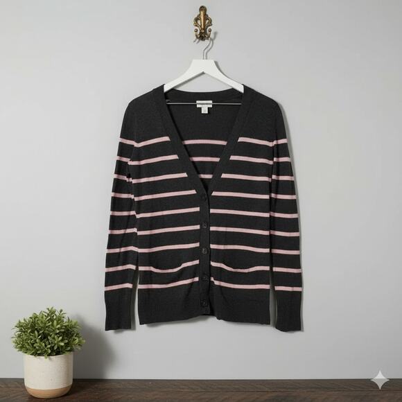 Ann Taylor Loft Cardigan Striped Button-Front Gray Pink Stripes Size Medium - Picture 1 of 9